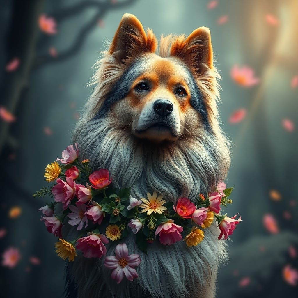 Regal Canine in Vibrant Floral Garland