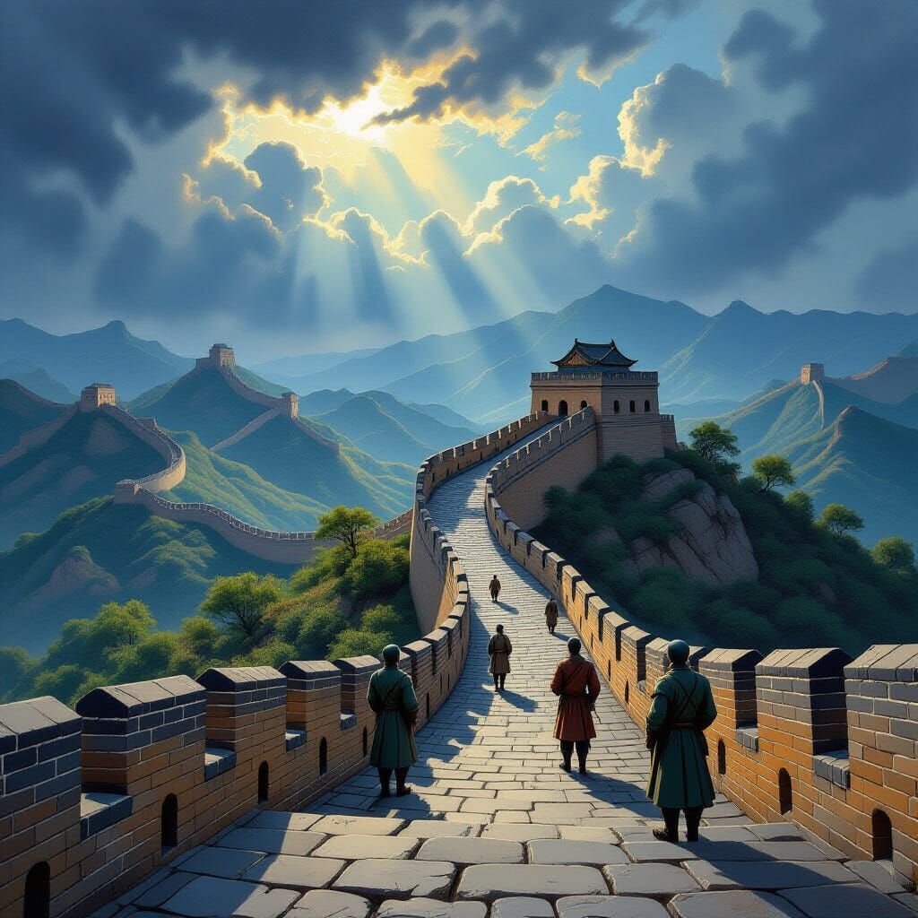 Great Wall of China with Terracotta Soldiers in Stormy Sky