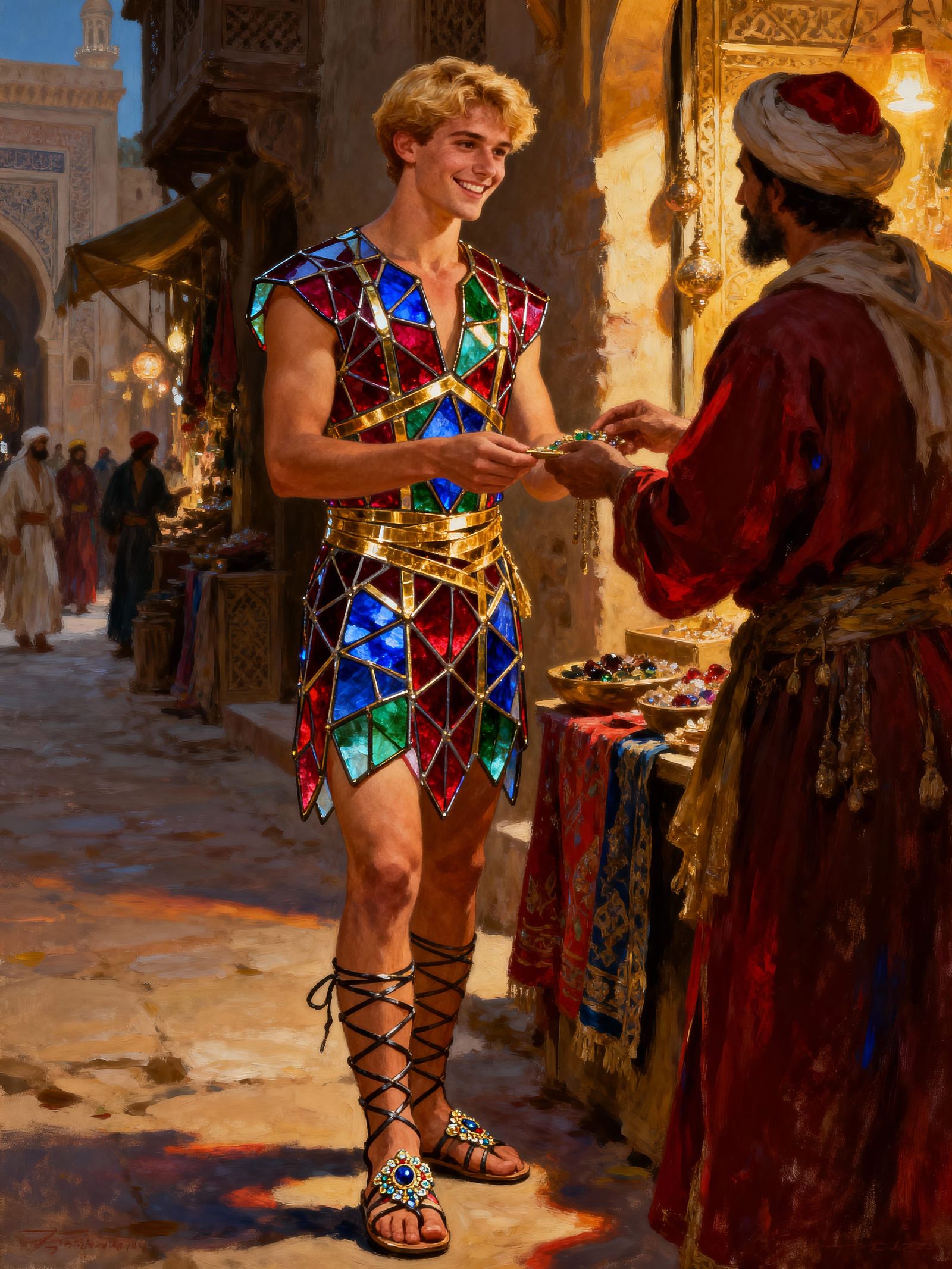 Man in Stained Glass Tunic Bartering at Orientalist Market