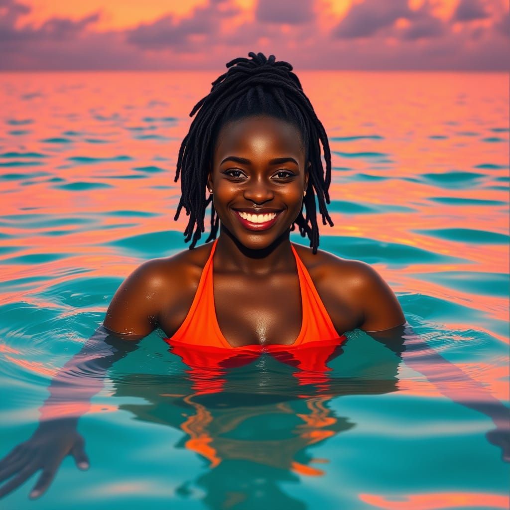 Young Black Woman in Vibrant Orange Swimsuit, Swims in Turqu...
