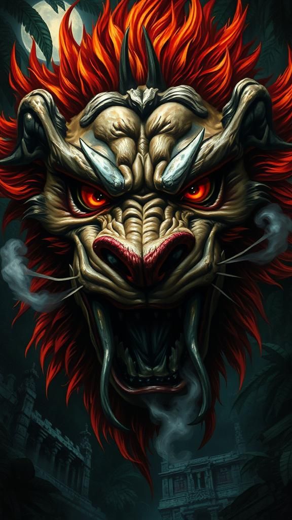 Grotesque Lion Mask with Bulging Eyes in Jungle