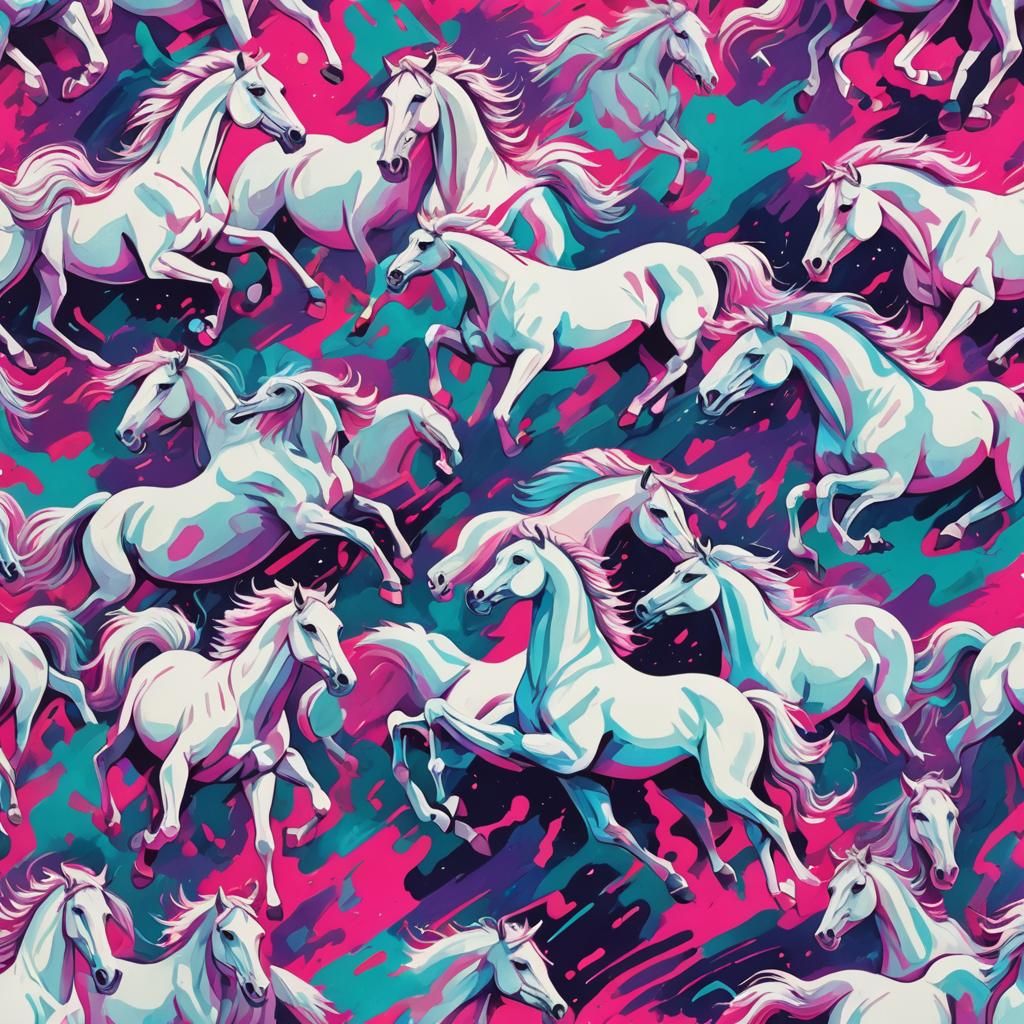 White Horses Gallop in Gouache Colors