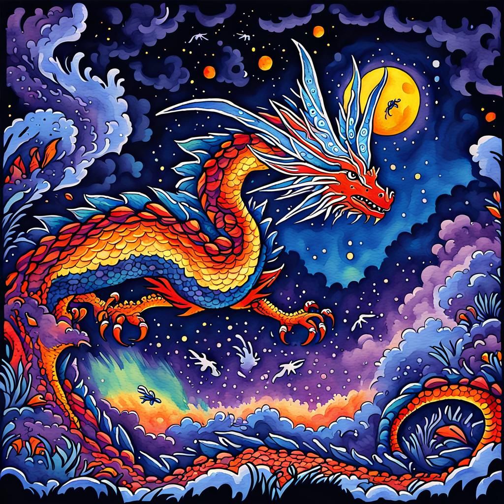 Watercolor Dragon in Night Sky