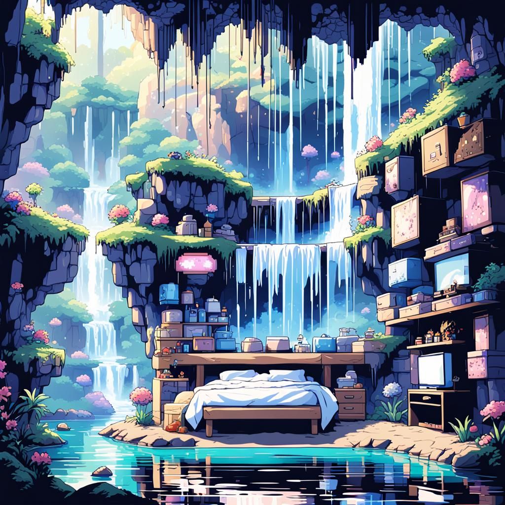 8-bit Bedroom in Fairy Cave Waterfall, Anime Style