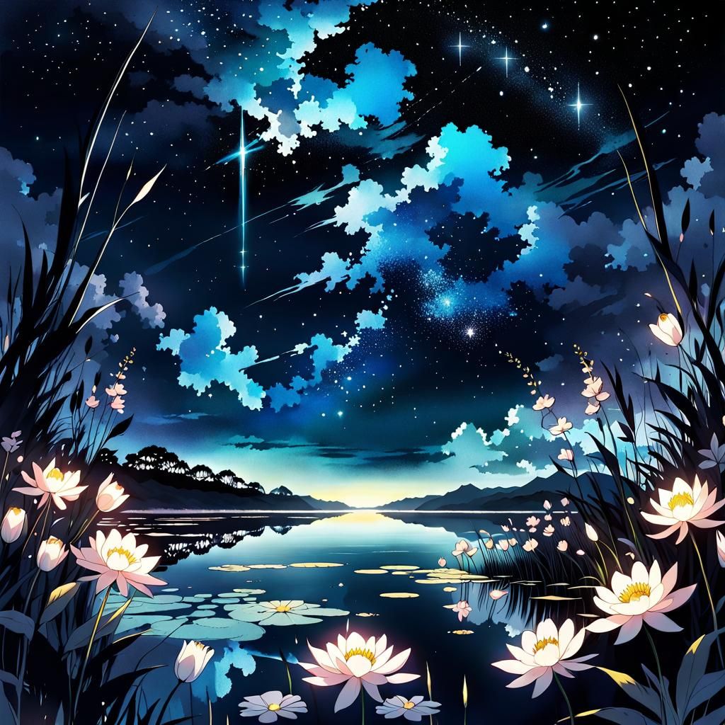 Ethereal Flowers Reflecting Night Sky in Ink Painting