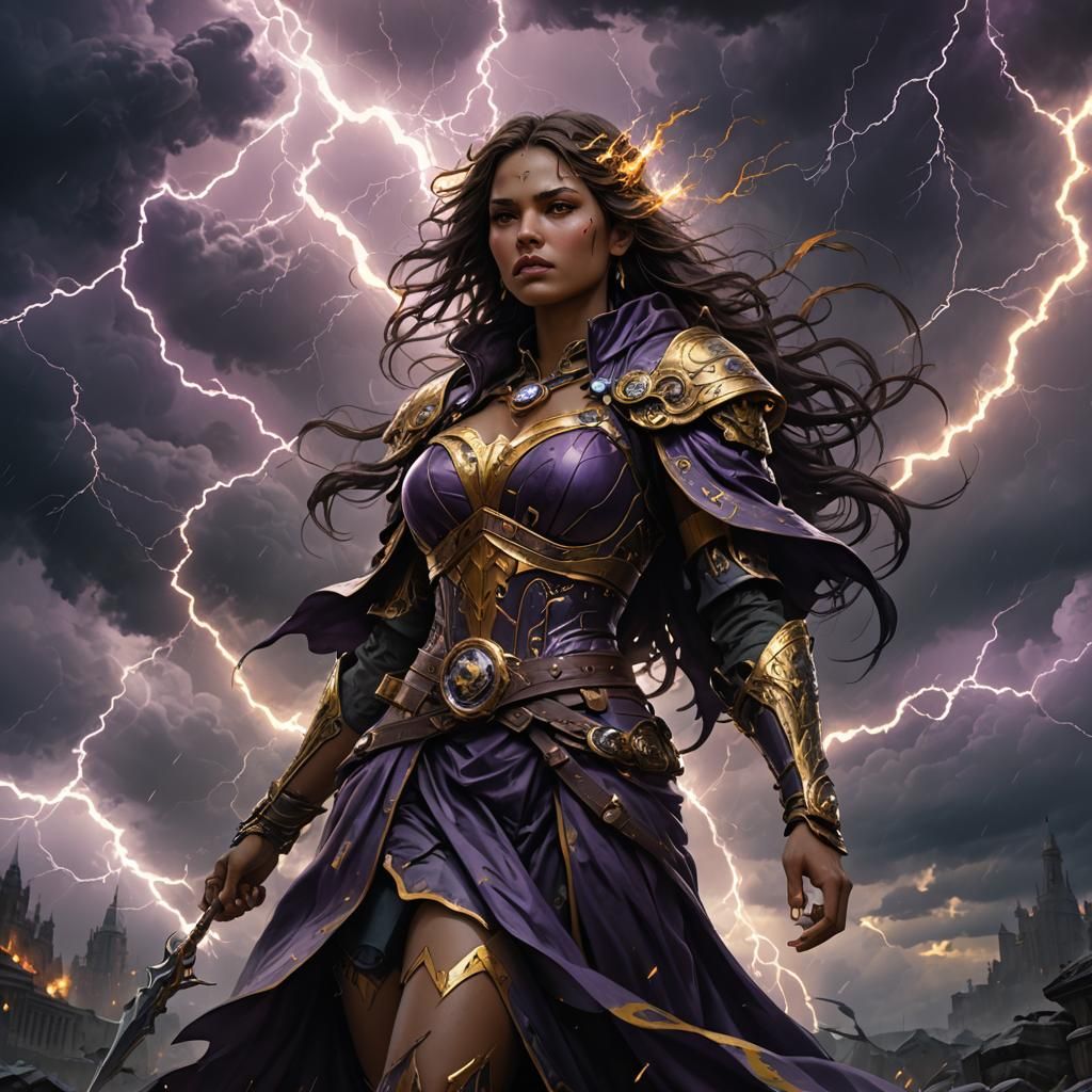 Dark Fantasy Girl in Thunderstorm, Detailed Art