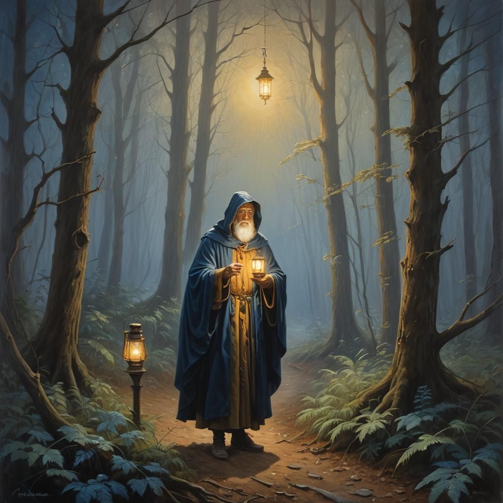 Wise Figure with Lantern in Moonlit Forest
