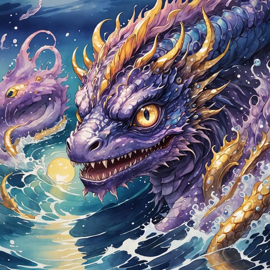 Anime Sea Monster Observes Diver in Violet Sea