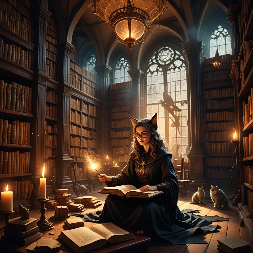 Young Witch in Magical Library with Living Illustrations