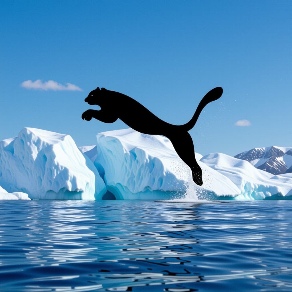 Realistic Puma Logo Sculpture Made of Ice on Ocean
