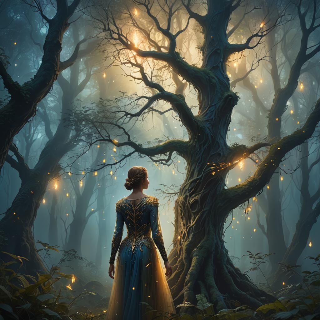 Mystical Forest Tree Woman in Art Nouveau Style