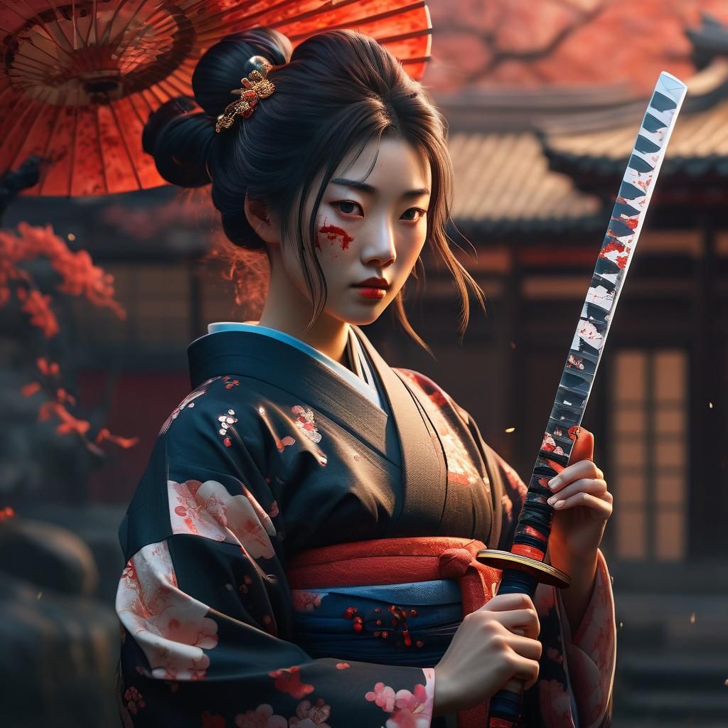 Samurai Woman with Katana in 3D Anime Style