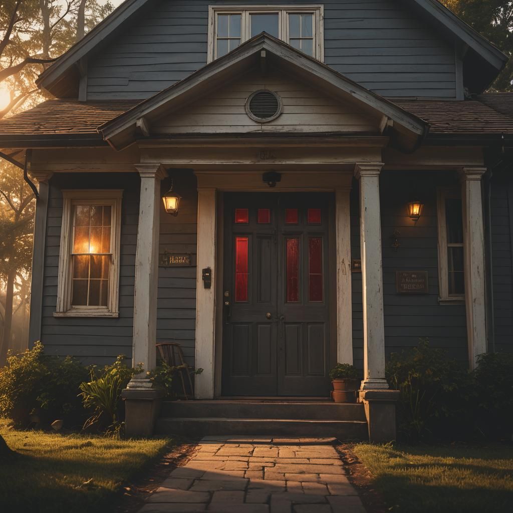 Ominous House with Open Doorway in Dark Fantasy Style