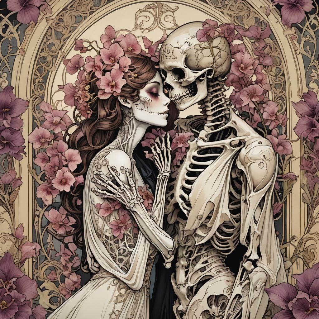 Art Nouveau Skeleton Couple with Floral Motifs