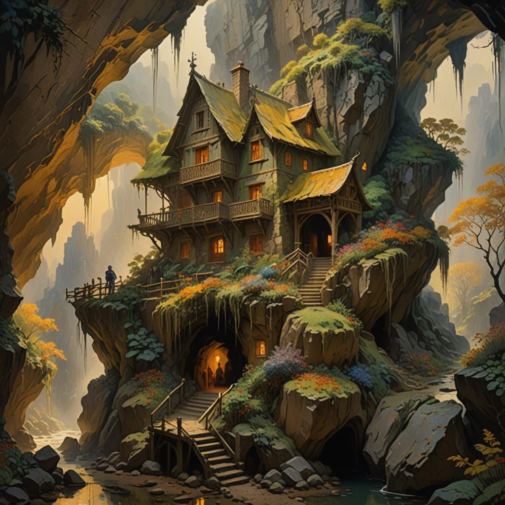Epic Cave Dwelling Masterpiece in Gouache Style
