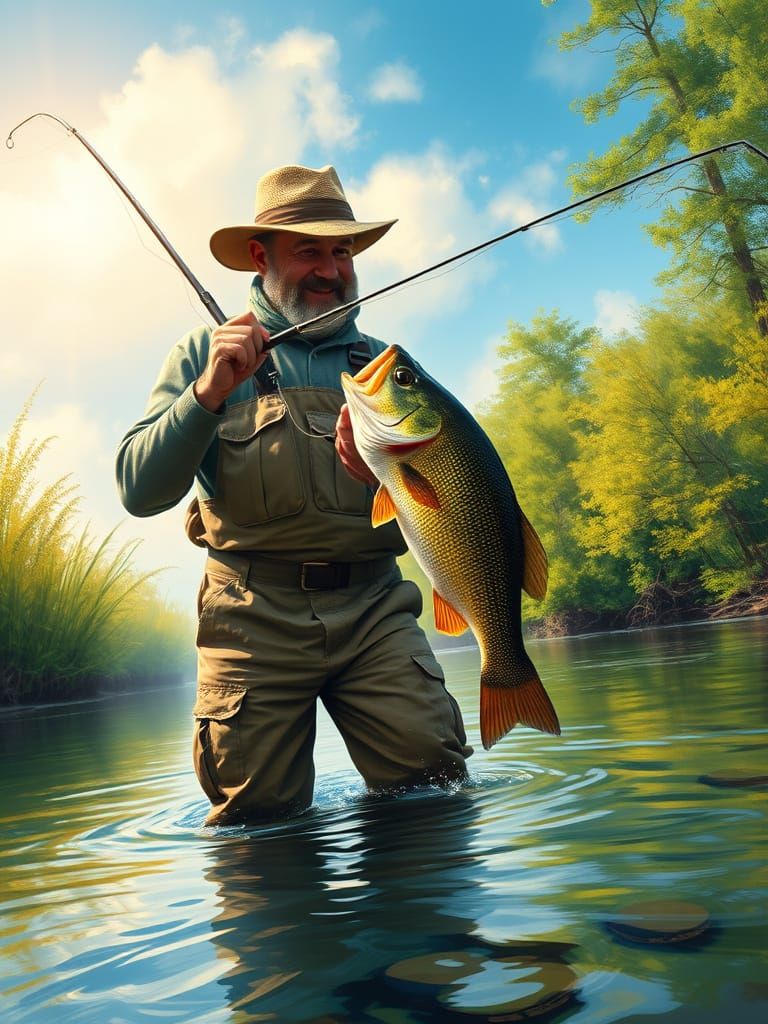 Fisherman Reeling in Bass in Serene River