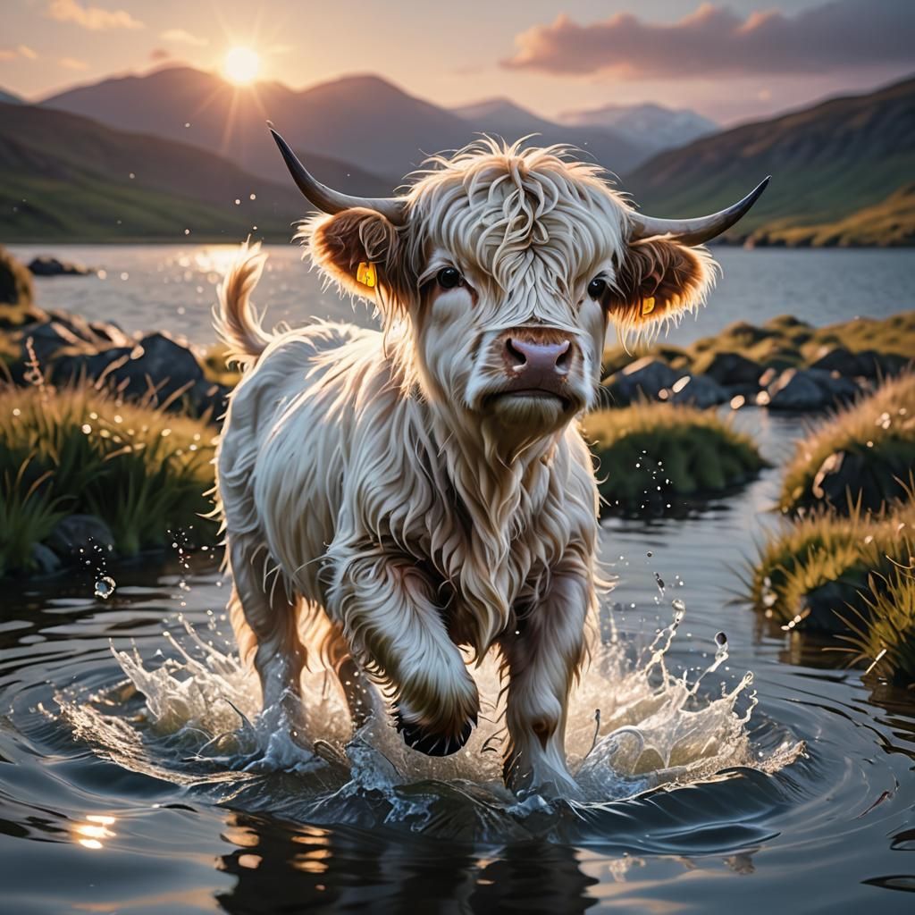 Cute Highland Calf Splashing: Chibi Style Sunset