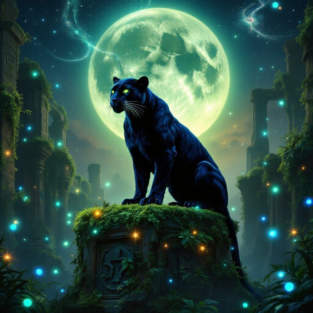 Majestic Black Panther in Mystical Jungle with Glowing Orbs ...