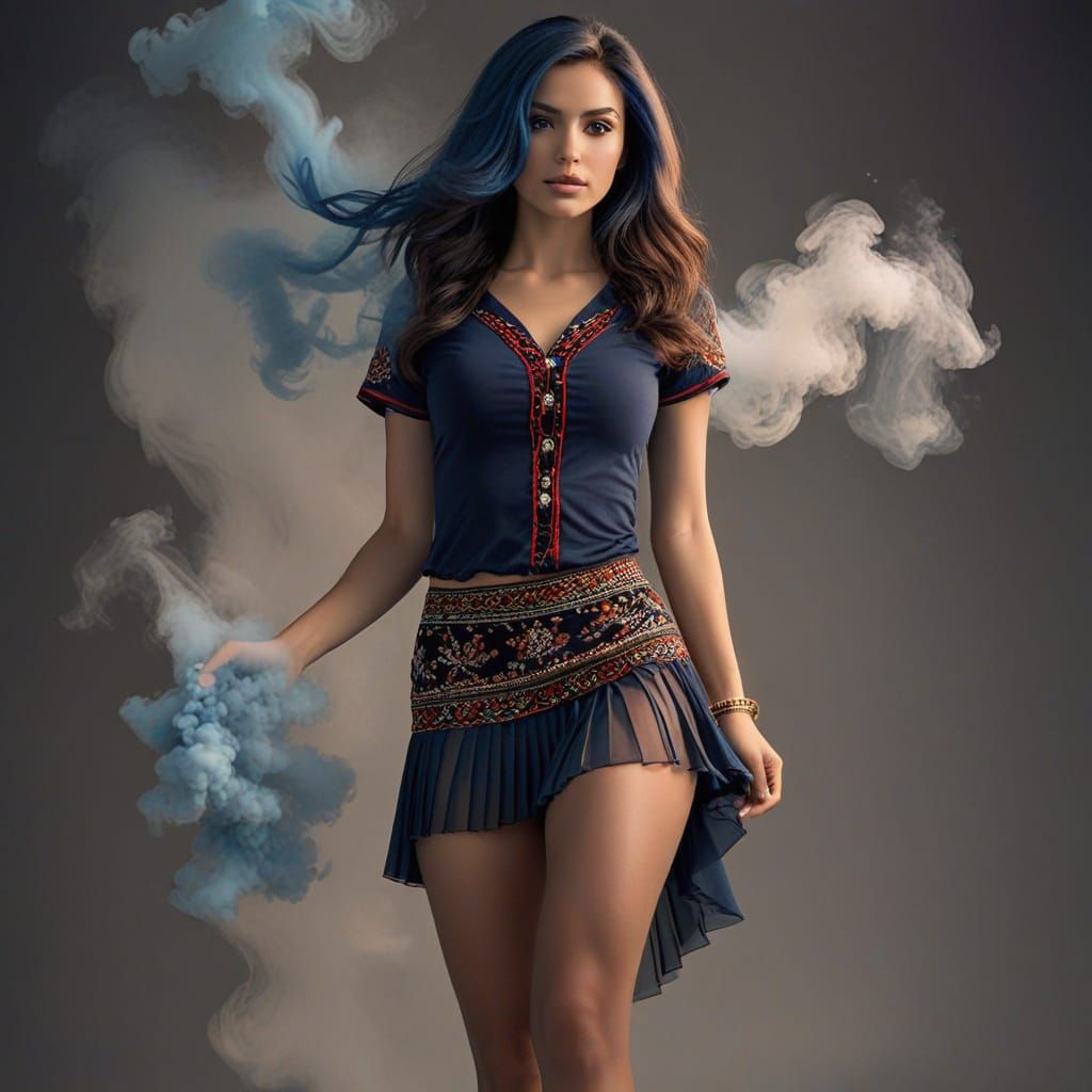 Surreal Blue Smoke Genie in a Pleated Miniskirt