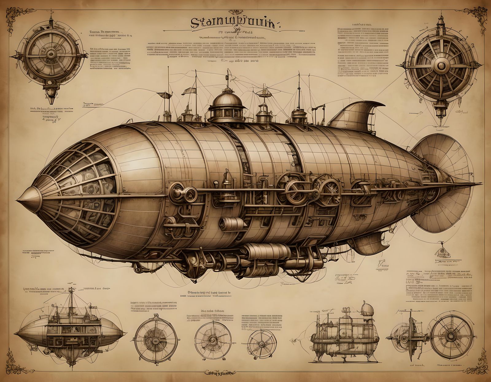 Steampunk Airship Design on Parchment