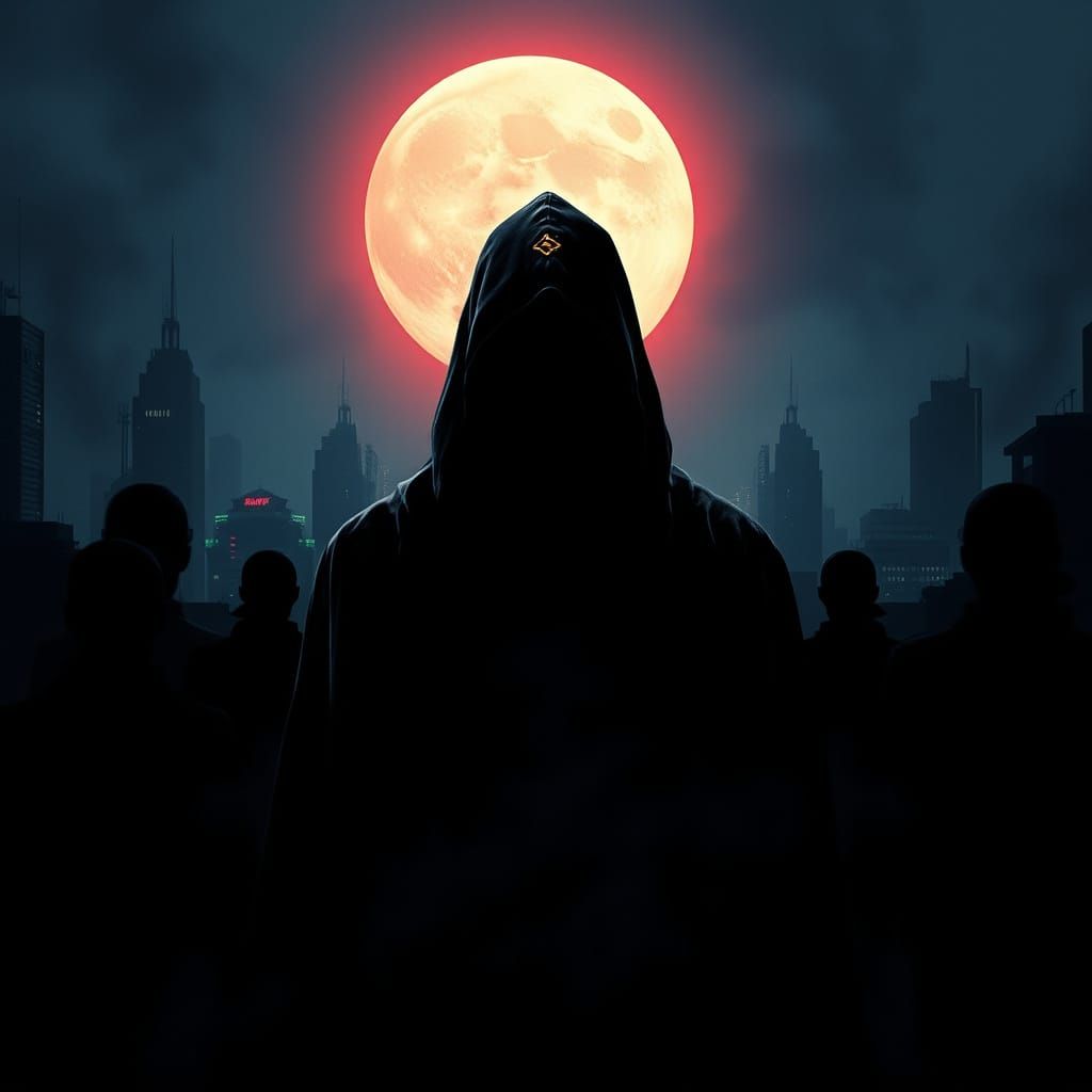 Mysterious Figure in Moonlit Cityscape with Neon Accents