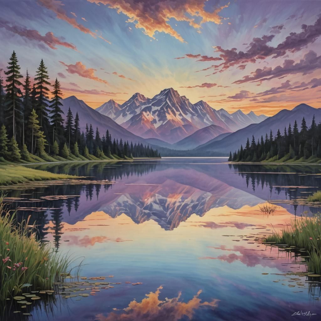 Pastel Sunrise Over Tranquil Lake and Mountains