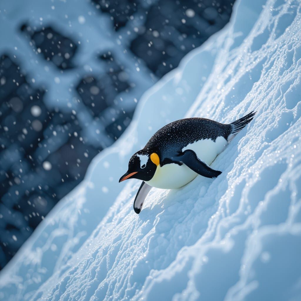Penguin Slides Down Icy Slope in Antarctica