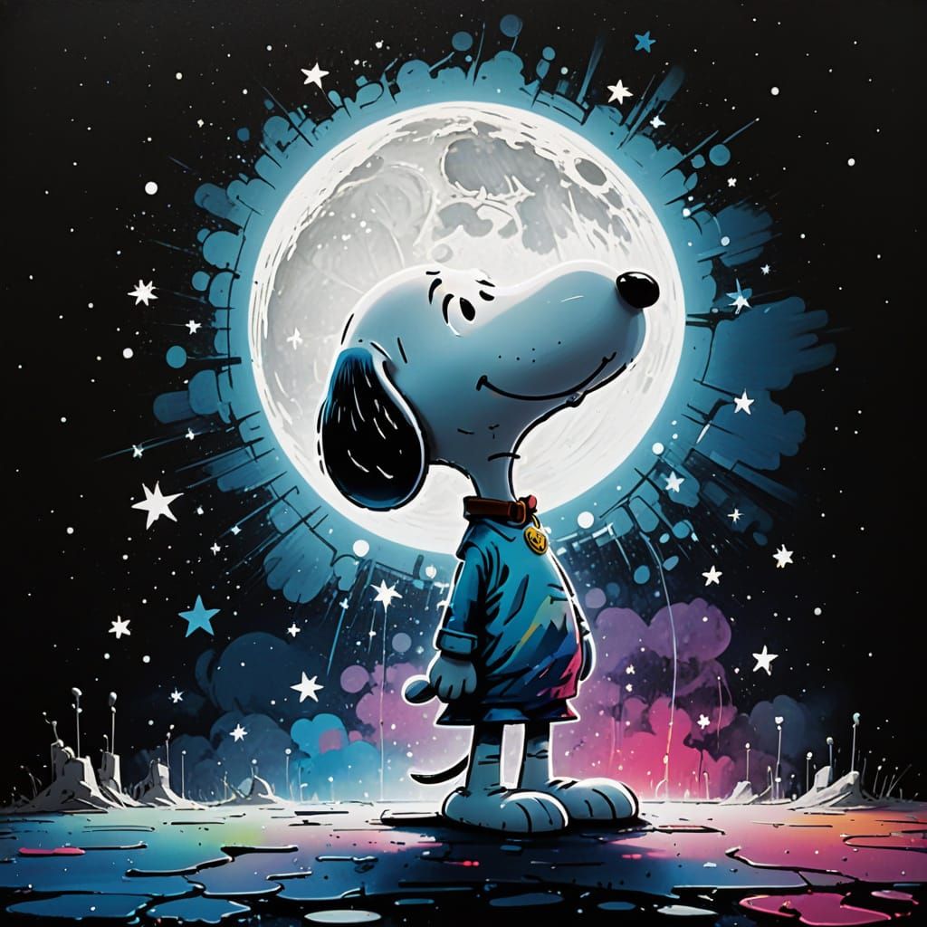 Snoopy in Vibrant Graffiti Art Style, Gazing at the Stars un...