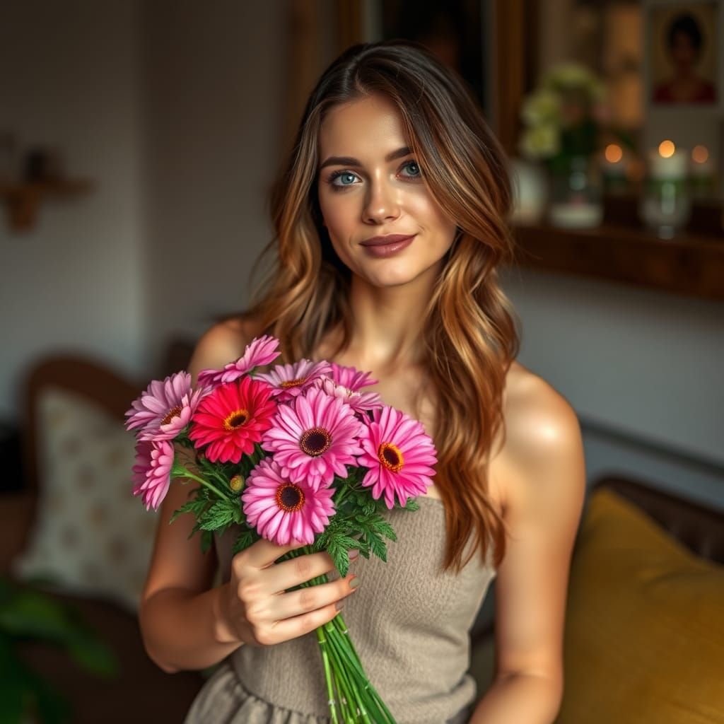 Woman with Daisy Bouquet in Cozy Setting