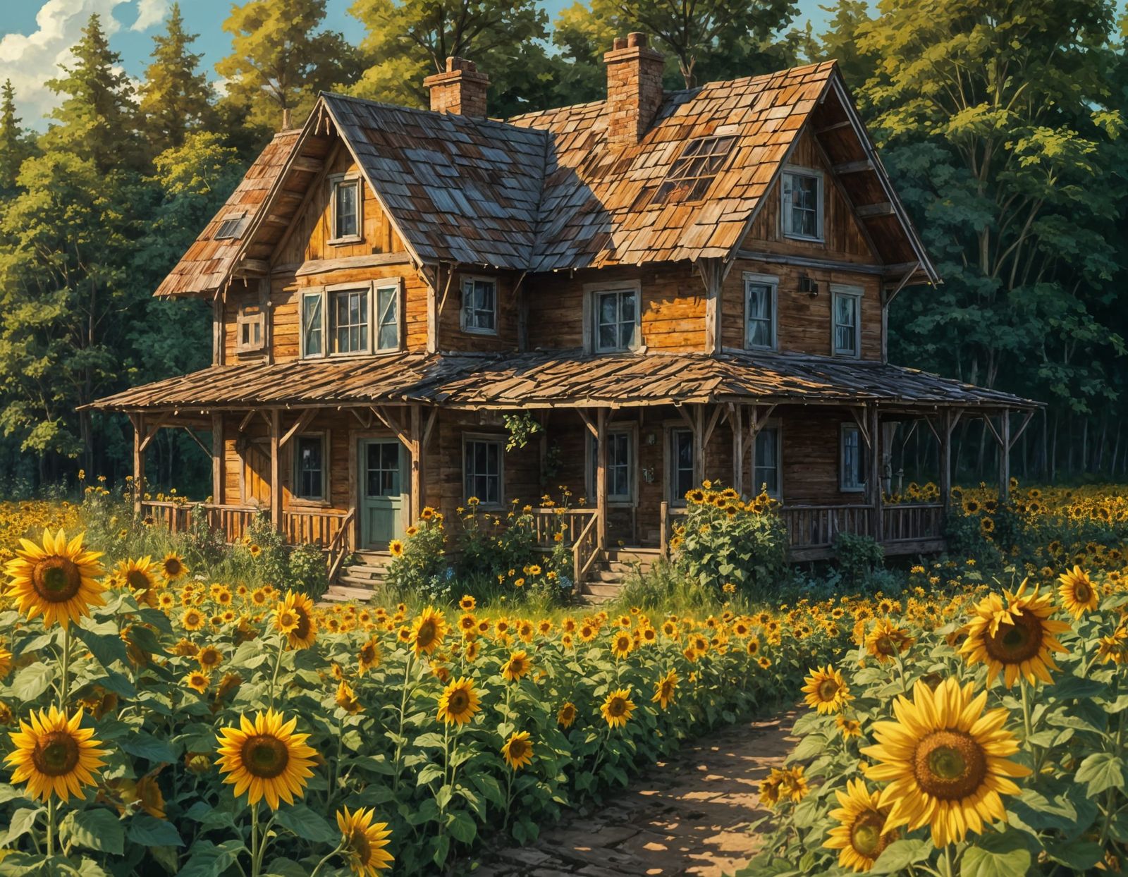 Sunflower Field Cabin in Mixed Media Style
