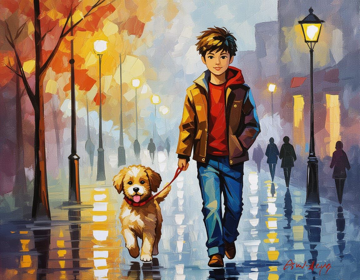 Teen and Puppy Walk Together, Expressionist Style