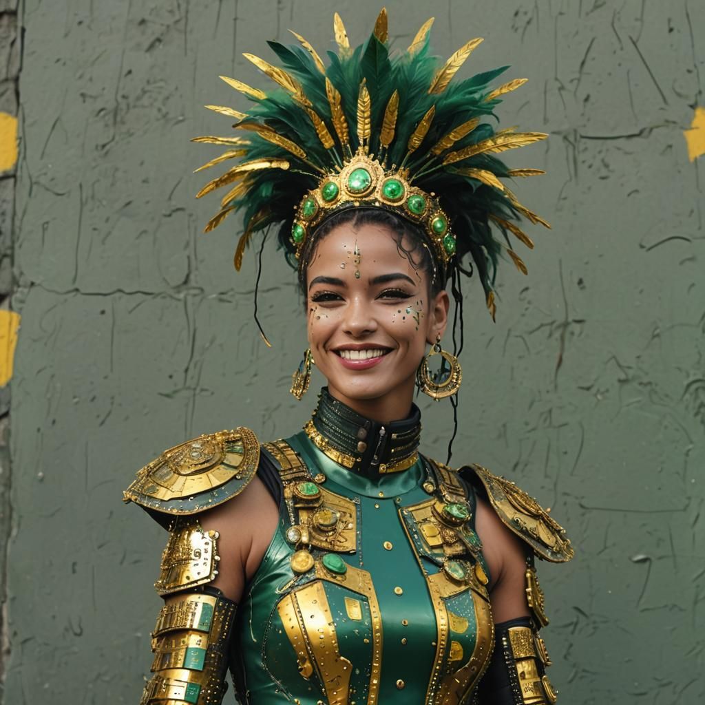 Cyberpunk Woman Smiling in Rio Carnaval Colors