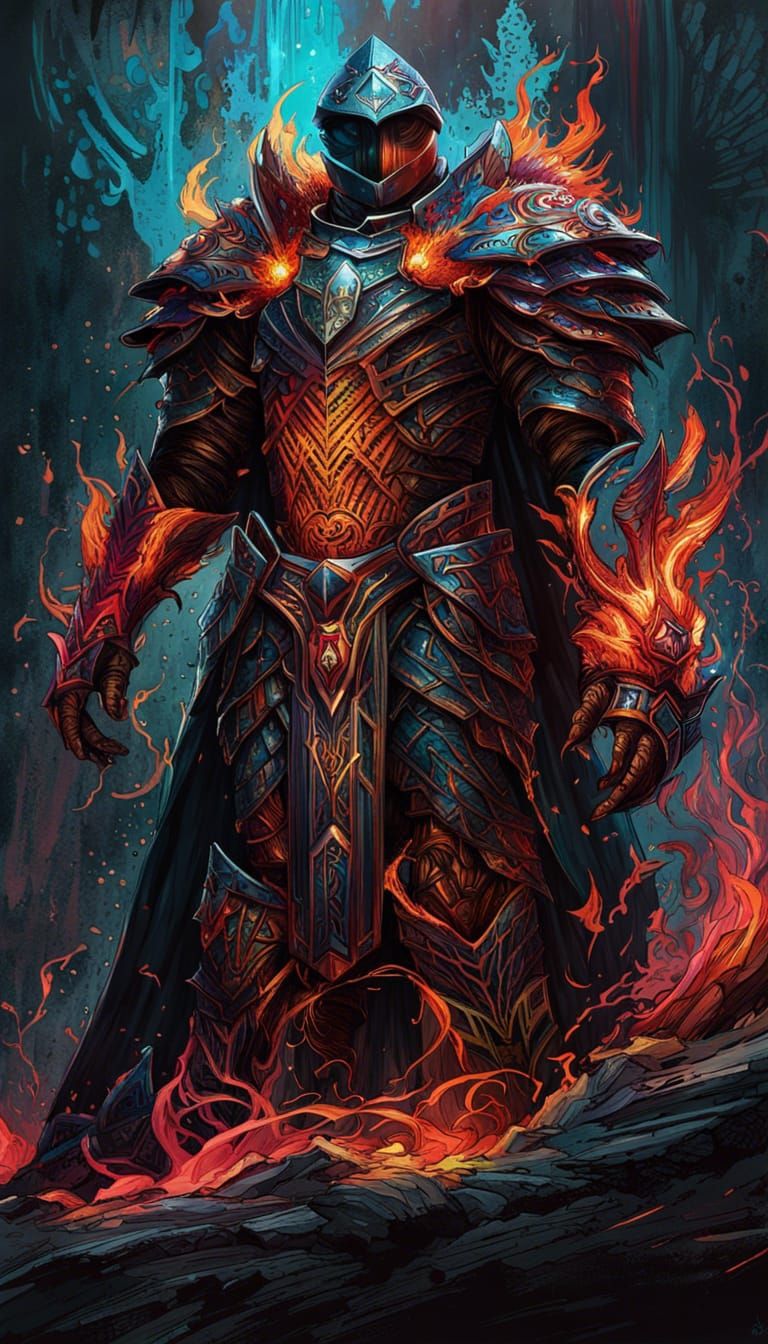 Elemental Knight in Rainbow Armor with Lava Outlines