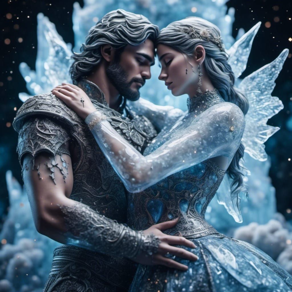 Intricate Ice Sculpture of Embracing Couple in Universe