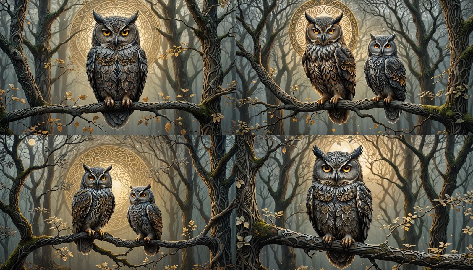 Celtic Owl in Misty Forest, Art Nouveau Style