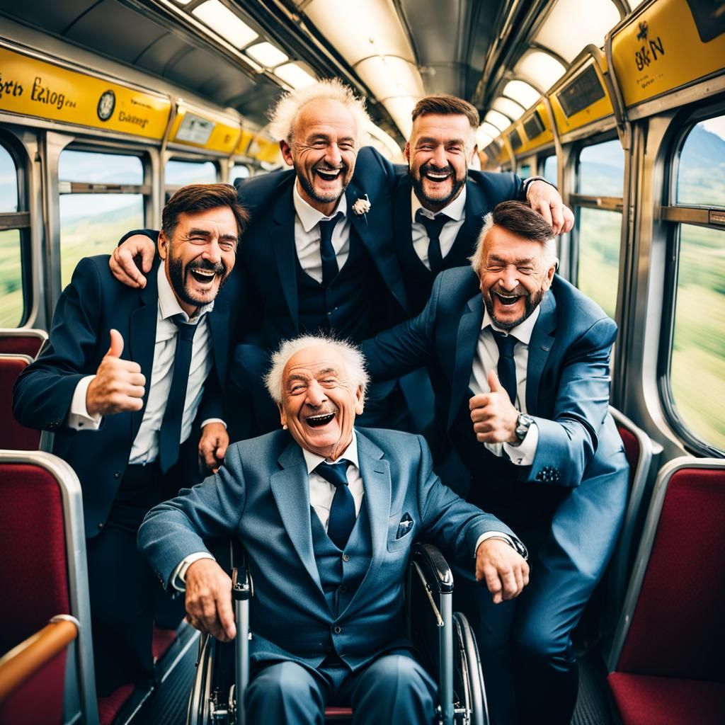 Joyful Croatian Man Laughing on Train with Friends