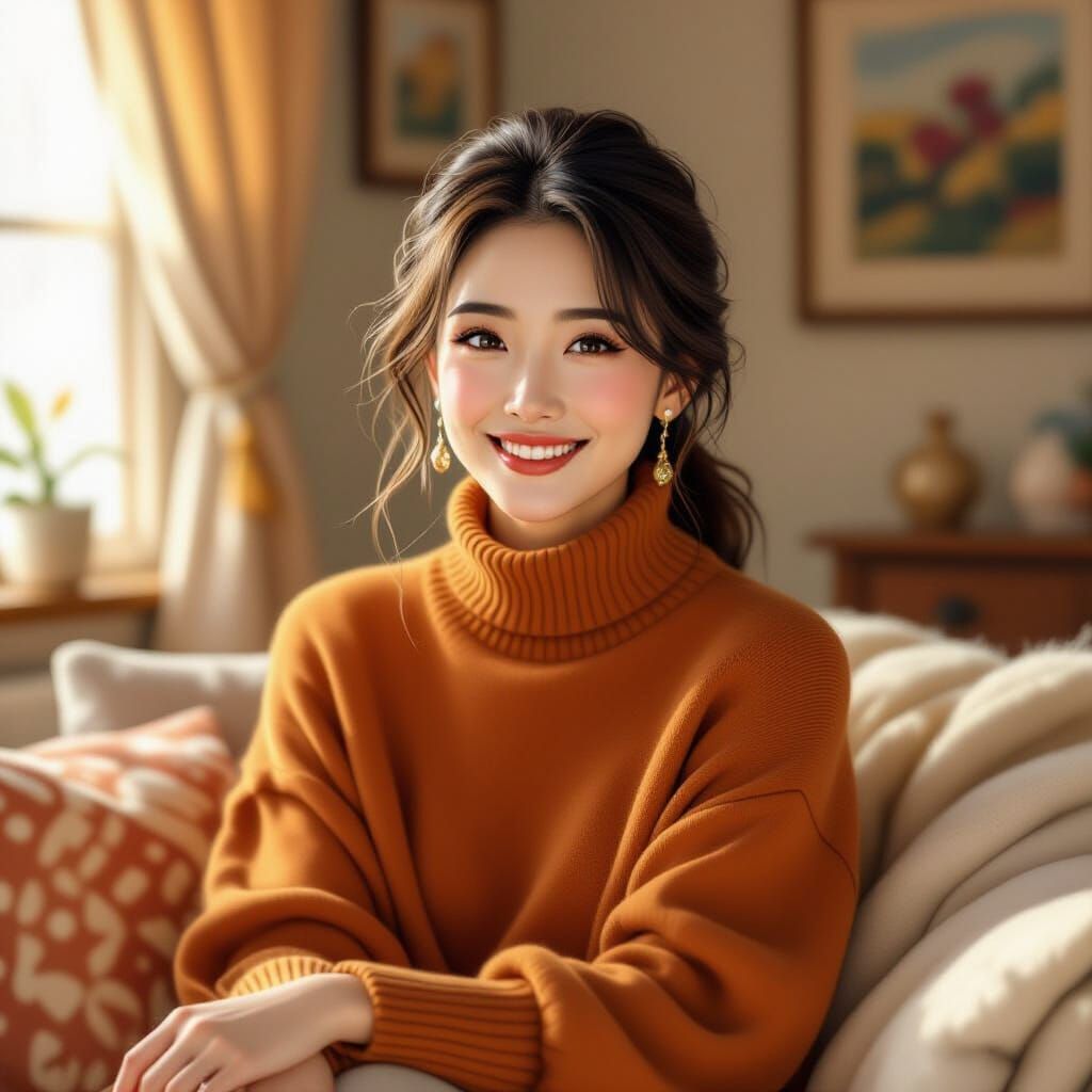Smiling Woman in Cozy Living Room, Soft Lighting