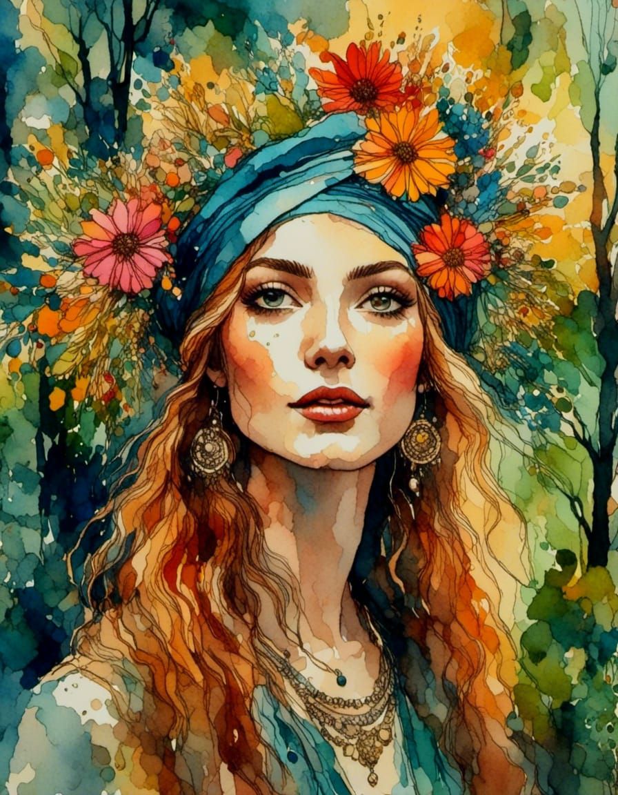Hippie Girl in Forest, Gouache Style