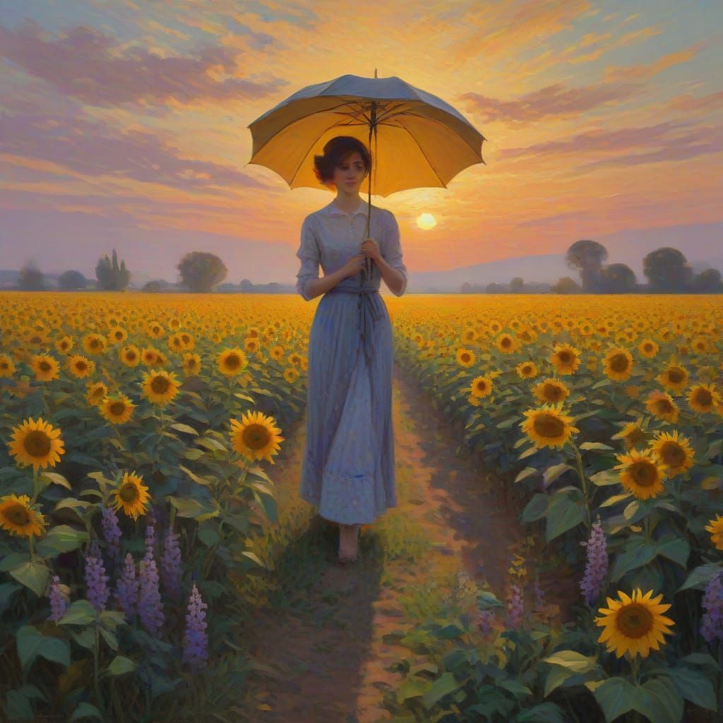 Impressionist Sunrise Over Sunflower Field