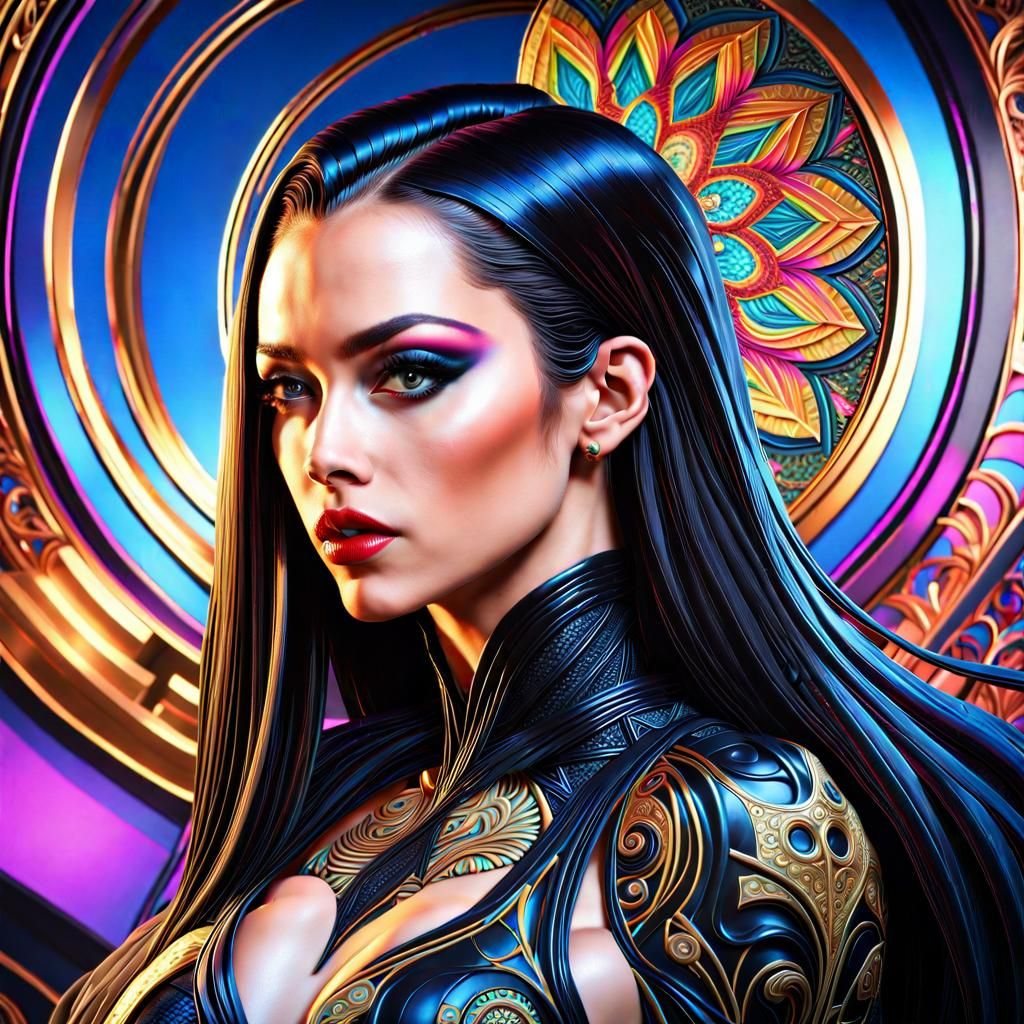 Hyperreal Supervillain Bust with Optical Illusion Background