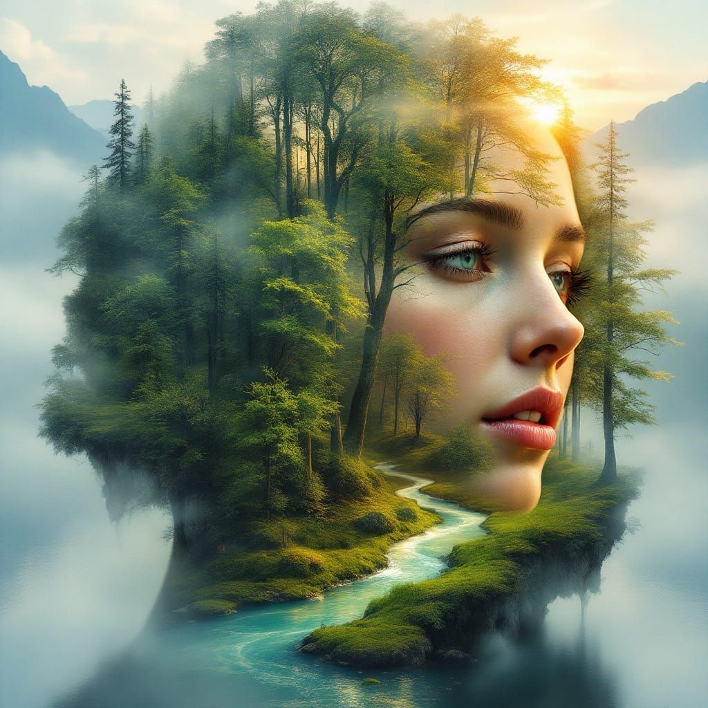 A stunning double exposure of a person’s face merged seamlessly with a breathtaking landscape. The silhouette of a young...