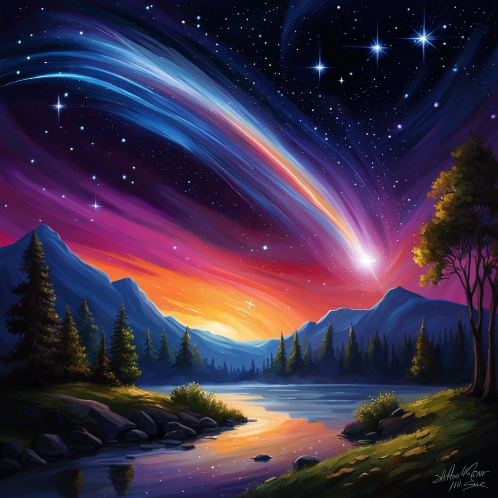 Vibrant Shooting Star Streaking Across Night Sky