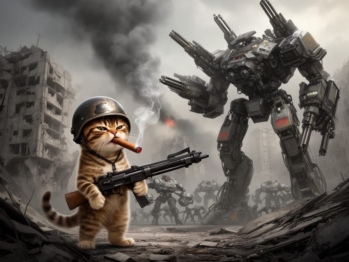 Fierce Kitten Battles Giant Robots in Ruined City