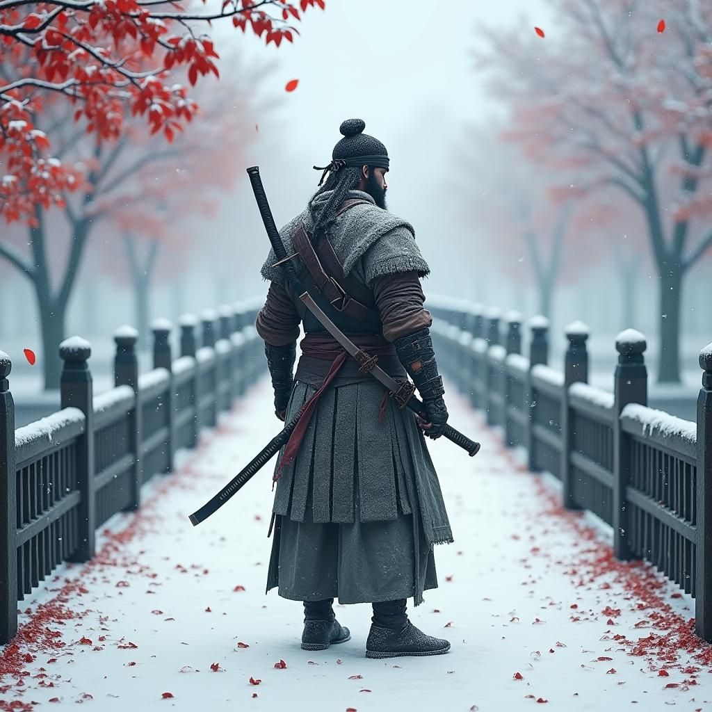 Samurai Ninja on Snowy Bridge with Autumn Leaves