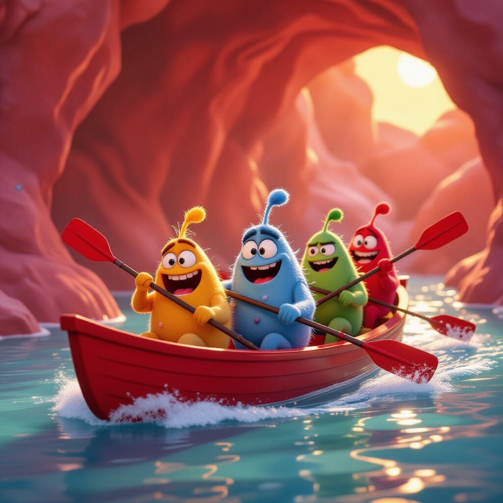 Cartoon Germs Kayaking in Red Vein