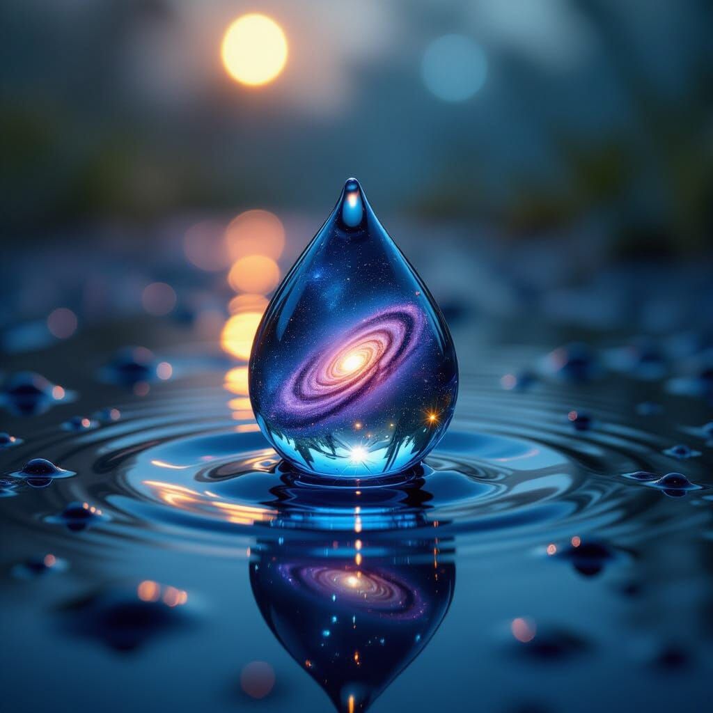 Dewdrop Reflecting Galaxy in Macro, Cosmic Horror Aesthetic