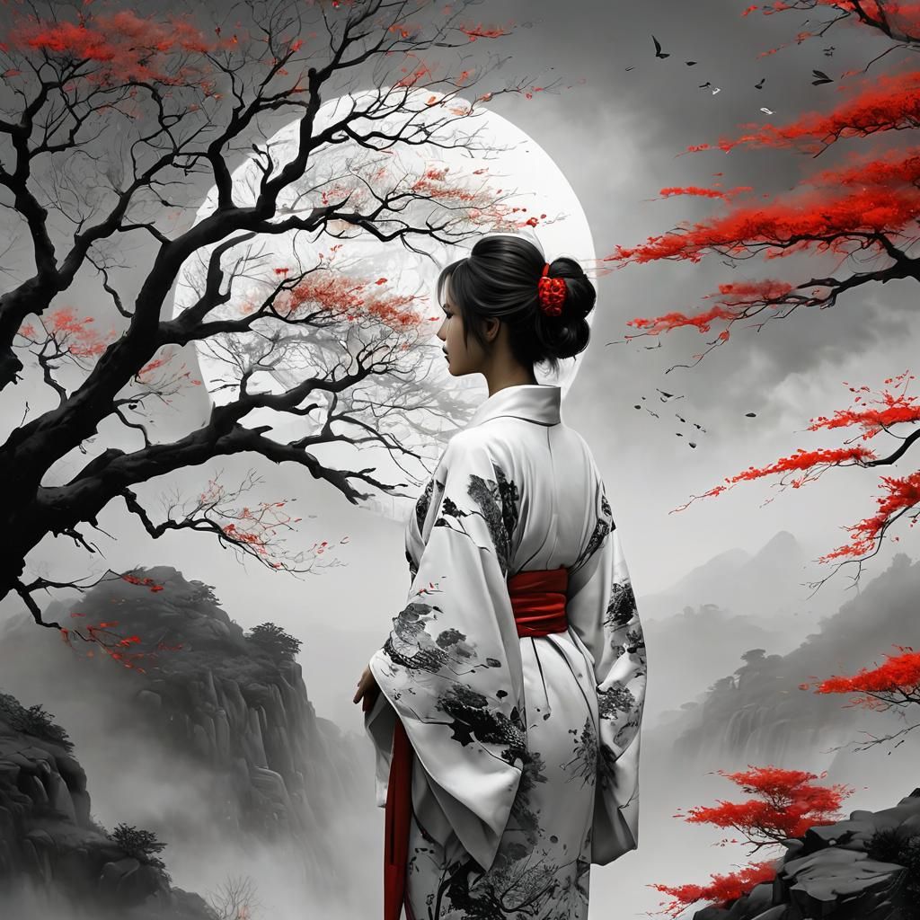 Surreal Abstract Landscape with Japanese Girl in Kimono