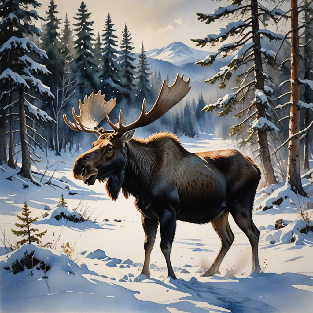 Moose in Snowy Swedish Landscape Watercolor Painting