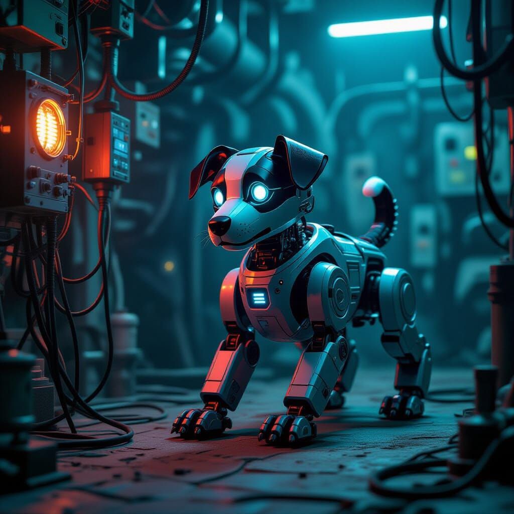 Robotic Dog Detective in Gothic Cyberpunk Lab