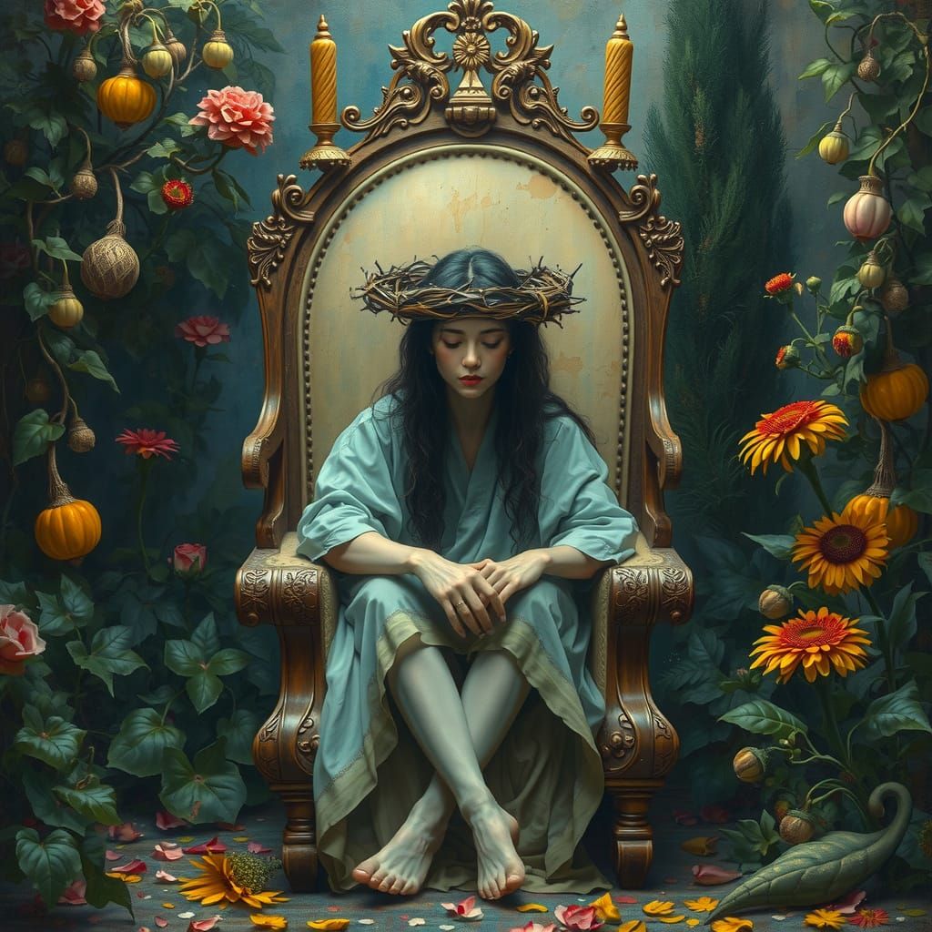 Crowned Figure in Lush, Dreamlike Setting